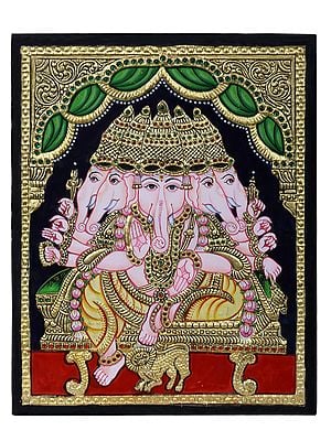 Panchmukhi Lord Ganesha Seated on Throne Tanjore Painting | Traditional Colors with 24 Karat Gold | With Frame