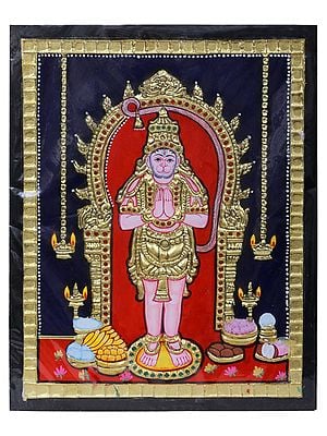 Lord Bajrang Bali Hanuman Tanjore Painting | Traditional Colors with 24 Karat Gold | With Frame