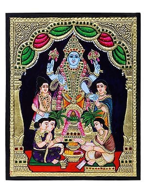 Lord Vishnu - Satyanarayan Worship by Family Tanjore Painting l Traditional Colors with 24 Karat Gold l With Frame