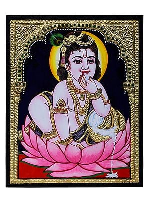 Little Krishna Seated on Lotus Pedestal Tanjore Painting | Traditional Colors with 24 Karat Gold | With Frame