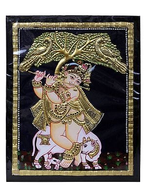 Lord Krishna Playing Basuri with Cow Tanjore Painting l Traditional Colors with 24 Karat Gold l With Frame