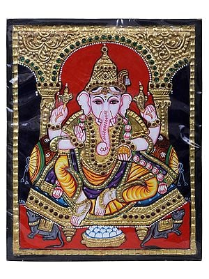 Lord Ganpati - God of Wisdom Tanjore Painting l Traditional Colors with 24 Karat Gold l With Frame