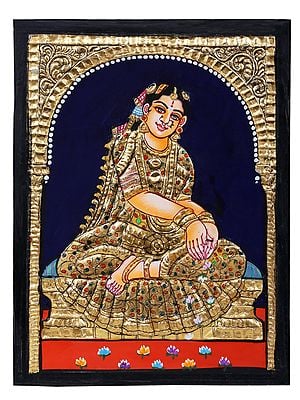 Lady Figure Tanjore Painting l Traditional Colors with 24 Karat Gold l With Frame