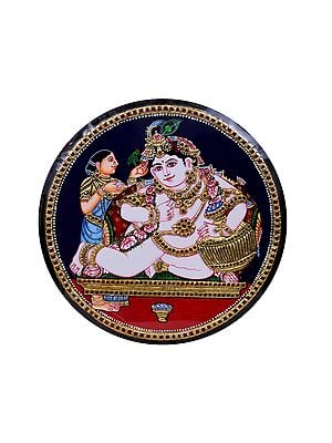Butter Krishna Tanjore Painting | Traditional Colors with 24 Karat Gold | With Frame