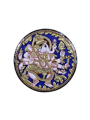Round Ganesha with Eight Hand Tanjore Painting | Traditional Colors with 24 Karat Gold | With Frame