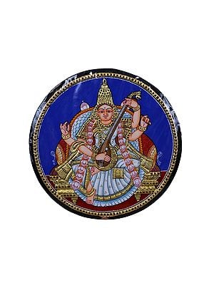 Round Goddess Saraswati Seated on Pedestal  Tanjore Painting l Traditional Colors with 24 Karat Gold l With Frame