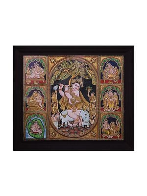 Lord Krishna with Yashodya Maya & Wifes Tanjore Painting With Frame