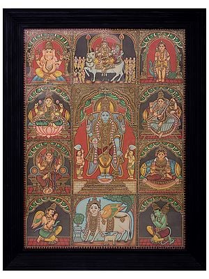 Lord Vishnu with All God & Goddess in One Tanjore Painting l Traditional Colors with 24 Karat Gold  l With Frame