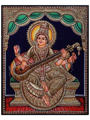Goddess Saraswati Seated on Throne Tanjore Painting l Traditional Colors with 24 Karat Gold  l With Frame