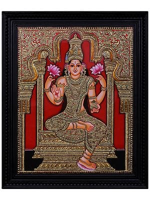Blessing Goddess Lakshmi Tanjore Painting l Traditional Colors with 24 Karat Gold  l With Frame