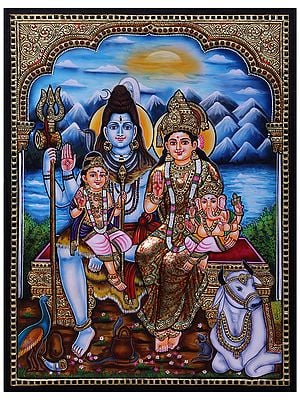 Lord Shiva Family Tanjore Painting with Frame | Traditional Colors with 24 Karat Gold