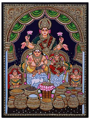 Lord Kubera with Goddess Lakshmi Tanjore Painting | Traditional Colors with 24 Karat Gold | With Frame