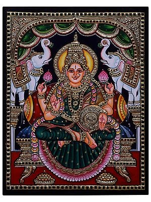Gajalakshmi: The Form of Goddess Lakshmi Tanjore Painting l Traditional Colors with 24 Karat Gold  l With Frame