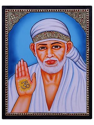 Blessing Sai Baba Seated on Throne Tanjore Painting l Traditional Colors with 24 Karat Gold  l With Frame