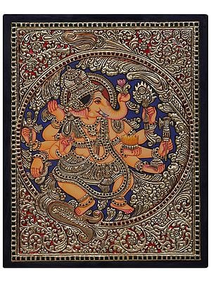 Astha Bhuja Lord Ganpati Tanjore Painting l Traditional Colors with 24 Karat Gold  l With Frame