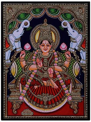 Four Hand Goddess Gajalakshmi Tanjore Painting l Traditional Colors with 24 Karat Gold  l With Frame