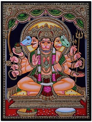 Panchmukhi Lord Hanuman Holding Weapons in Hands Tanjore Painting l Traditional Colors with 24 Karat Gold  l With Frame