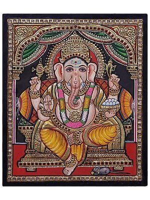 Chaturbhuj Lord Ganapati Seated on Throne Tanjore Painting | Traditional Colors with 24 Karat Gold | With Frame