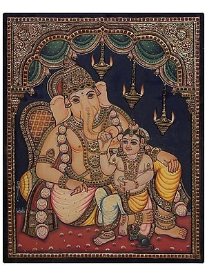 Little Krishna Sitting on the Lap of Ganesha Tanjore Painting l Traditional Colors with 24 Karat Gold  l With Frame