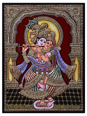 Dancing Radha Krishna Tanjore Painting l Traditional Colors with 24 Karat Gold  l With Frame