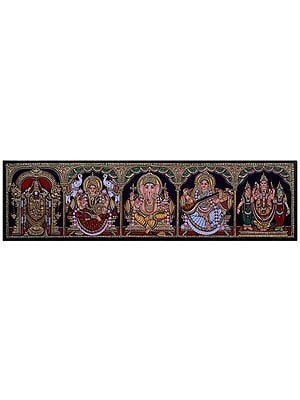 Lord Ganesha with Gods in One Painting Tanjore Painting l Traditional Colors with 24 Karat Gold  l With Frame