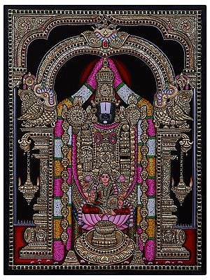 Tirupati Balaji (Venkateshvara) with Devi Lakshmi | Traditional Colors with 24 Karat Gold | With Frame