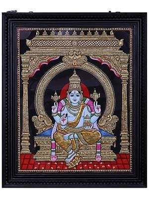 Lord Dhanavantari Seated on Throne | Traditional Colors with 24 Karat Gold | With Frame