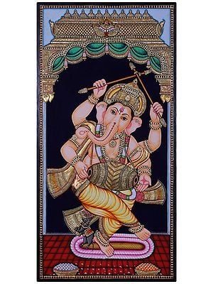 Dancing Ganesha Playing Drum | Traditional Colors with 24 Karat Gold | With Frame