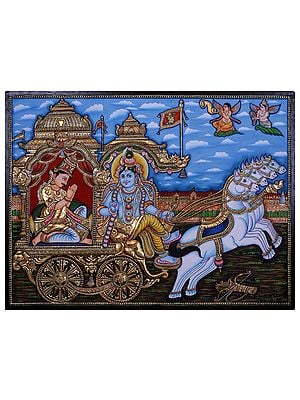 Lord Krishna and Arjuna on Chariot During Mahabharata | Traditional Colors with 24 Karat Gold | With Frame
