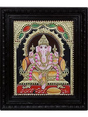 Four Hand Lord Vinayak Tanjore Painting | Traditional Colors with 24 Karat Gold | With Frame