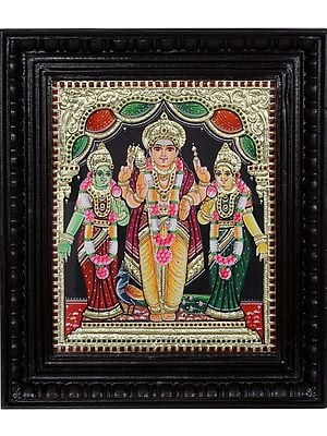 Tanjore Painting of Lord Murugan with Devsena & Valli | Traditional Colors with 24 Karat Gold | With Frame
