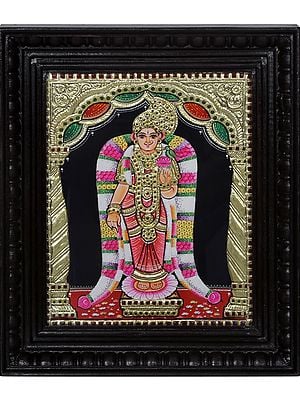 Standing Goddess Andal l Traditional Colors with 24 Karat Gold l With Frame