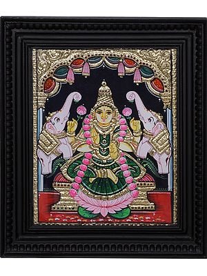 Tanjore Painting of Goddess Gajalakshmi with Elephants | Traditional Colors with 24 Karat Gold | With Frame