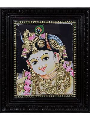 Lord Baal Krishna Tanjore Painting | Traditional Colors with 24 Karat Gold | With Frame