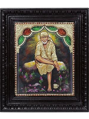 Sitting Sai Baba l Traditional Colors with 24 Karat Gold l With Frame