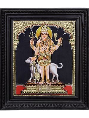 Bhairav Baba with Dog l Traditional Colors with 24 Karat Gold l With Frame