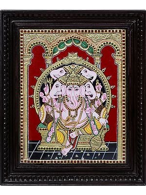 Tanjore Painting of Panchmukhi Ganesha | Traditional Colors with 24 Karat Gold | With Frame