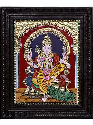 Sitting Lord Kartikeya Tanjore Painting | Traditional Colors with 24 Karat Gold | With Frame