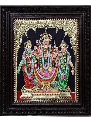 Standing Lord Kartikeya Tanjore Painting with Devsena & Valli | Traditional Colors with 24 Karat Gold | With Frame