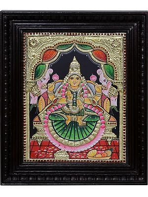 Tanjore Painting of Goddess Gajalakshmi- The Form of Devi Lakshmi | Traditional Colors with 24 Karat Gold | With Frame