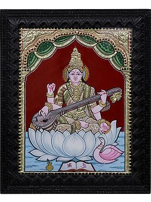 Goddess Saraswati Seated on Lotus l Traditional Colors with 24 Karat Gold l With Frame