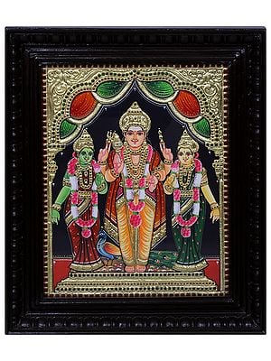 Tanjore Painting of Lord Murugan with his Divine Consorts Devsena & Valli | Traditional Colors with 24 Karat Gold | With Frame