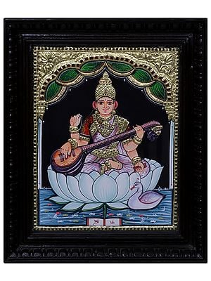 Goddess Saraswati Tanjore Painting | Traditional Colors with 24 Karat Gold | With Frame