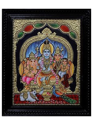 Tanjore Painting of Lord Shiva Family | Traditional Colors with 24 Karat Gold | With Frame