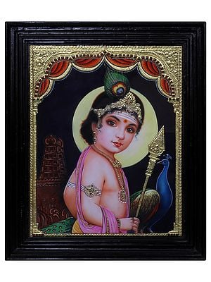 Tanjore Painting of Lord Karttikeya (Murugan) | Traditional Colors with 24 Karat Gold | With Frame