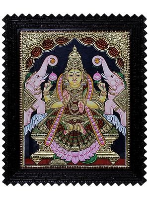 Tanjore Painting of Goddess Gajalakshmi | Traditional Colors with 24 Karat Gold | With Frame