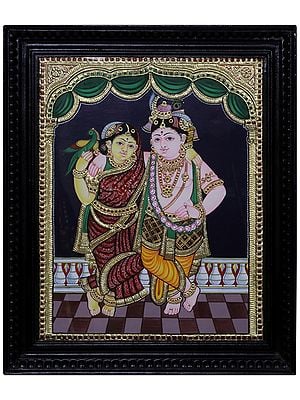 Standing Lord Krishna & Rukmini l Traditional Colors with 24 Karat Gold l With Frame