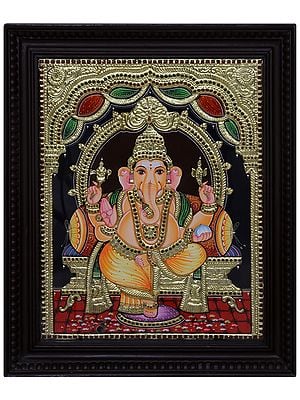 Sitting Lord Vinayak Tanjore Painting | Traditional Colors with 24 Karat Gold | With Frame