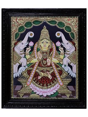 Four Hand Goddess Gajalakshmi Tanjore Painting with Frame | Traditional Colors with 24K Gold