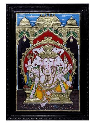 Five Headed Sitting Lord Ganesha | Traditional Colors with 24 Karat Gold | With Frame